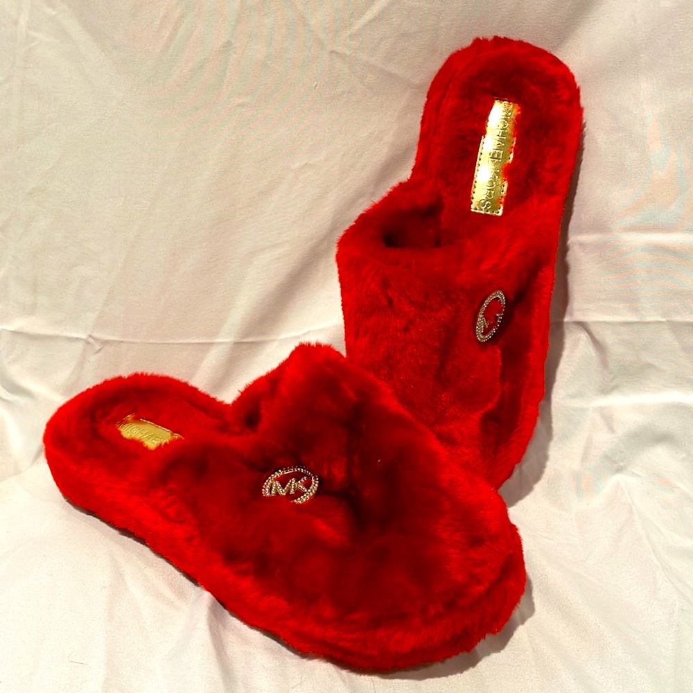 Michael Kors red fuzzy slippers
